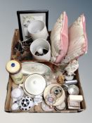 Two boxes of contemporary table lamps, cushions, ornaments, Indian trinket box,