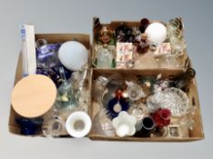 Three boxes of 20th century glass ware, vases,