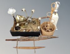 A box of brass bed warming pan, chandelier, lamp base, table lamp,