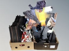 Two boxes of Scalextric track and joy stick etc