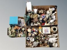 Three boxes of contemporary ornaments, steins, animal figures,