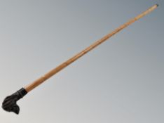 A bamboo walking stick with dog's head pommel