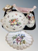 A Maling lustre Gondola dish, royal Worcester twin handled urn, scalloped edge dish,