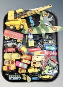 A tray of Joal tin plate model crane, 20th century play worn die cast cars including Corgi,