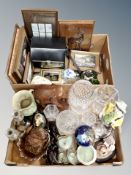 Two boxes of gemstone globe, figures, Polaroid camera, framed pictures,