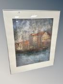 Danish School : Fishing boat on a canal, colour chalks,