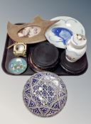 Three Chinese carved hardwood vase stands, Japanese porcelain vase, pokerwork picture frame,