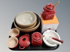 Two Le Creuset glazed ceramic preserve pots, two further ramekins, lidded bowl,