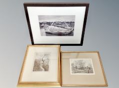 A monochrome photograph of the Newcastle Bridges,