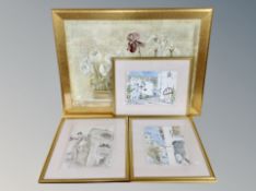A large gilt framed sill life print 98 cm x 72 cm together with three framed watercolours