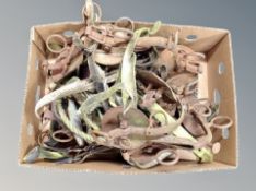 A box of antique metal and leather horse tack