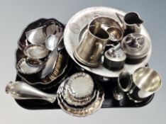 A group of plated wares, pin dishes, dressing table items, tankards,