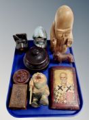 An Eastern Orthodox style icon together with a turned wooden bowl, figures,