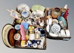 Three boxes of assorted ceramics, Bing and Grondhal blue and white dinner china, vintage tins,