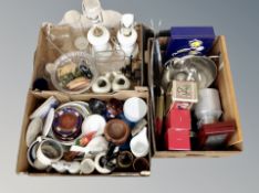 Three boxes of lamp bases, kitchenalia, cut glass, tins,