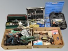 Two boxes and several tool cases containing assorted hand and power tools