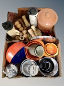 Two boxes of kitchen wares, glazed ceramic bread crock, turned wooden salt and pepper grinders,