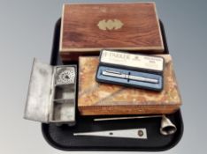 A brass inlaid teak table box together with boxed Parker pen, candle snuffer,
