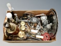 A box of lamp base, kitchenalia, candlesticks,