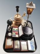 Two carved Chinese hardwood lamp based together with monochrome photographs, box of gaming counters,