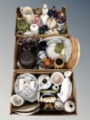 Three boxes of 20th century ceramics, decanters, figures, marble serving platter,