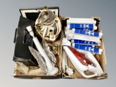 Two boxes of pottery lamp base, hand held vac, light bulbs,