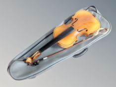 A Lark violin body with bow in carry case