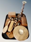 A group of treen, barley twist candlesticks, table boxes, napkin rings,
