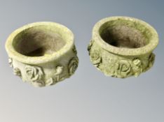 A pair of weathered concrete planters decorated with roses,