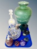 A crystal carafe with silver plated spout and handle, glass paperweights, decanter,