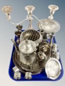 A group of plated wares, three branch canldeabrum, tazza, rose bowl,