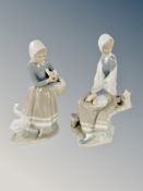 A Lladro figure of a lady seated on a branch with bird and a further figure of a lady with geese