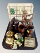 A tray of two carved African busts, further figure, pair of goblets,