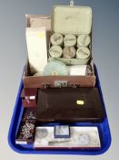 A tray of marcasite jewellery, crown, bakelite table box,