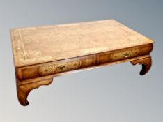 A Barker & Stonehouse oak and burr walnut veneered coffee table fitted two drawers,