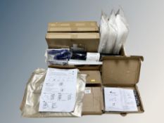 Three boxes of plastic bags, flat panel tv wall mount,