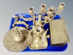 A pair of brass and onyx twin branch candlesticks together with chamber stick, vintage oil can,