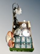 A boxed set of six crystal tumblers, silver plated teapot on stand, contemporary figural lamp,