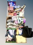 Four boxes of assorted household wares, LED lights, extension cables, Brevil toasting machine,