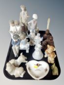 A group of ceramics, Lladro figure, Nao boy, Pendelfin, onyx carving,