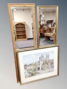 A gilt framed rectangular mirror, further pine mirror,