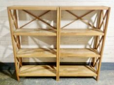 Two contemporary four-height open bookcases, width 70 cm, height 125cm.