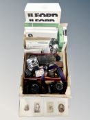 A box of vintage and later cameras, Canon,