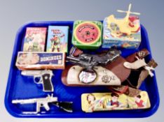 A group of vintage toys, Robin Hood snap cards, dominoes, combination safe,