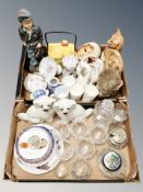 Two boxes of Staffordshire dogs, set of six crystal rummers and decanter, commemorative beakers,