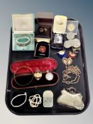 A gold plated open faced fob watch, gold plated muff chain, costume jewellery,