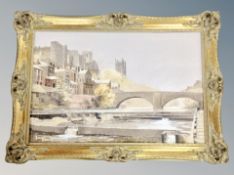 Harley Crossley (British, 1936-2013) : Durham Cathedral viewed from the river, oil on canvas,