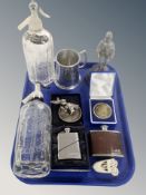 A Schweppes glass soda syphon, further Trask Sons siphon, two hip flasks, tankard,