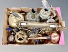 A box of brass kettles, ornate ewer, picture light,