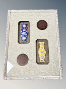 A Chinese framed montage of porcelain vases,